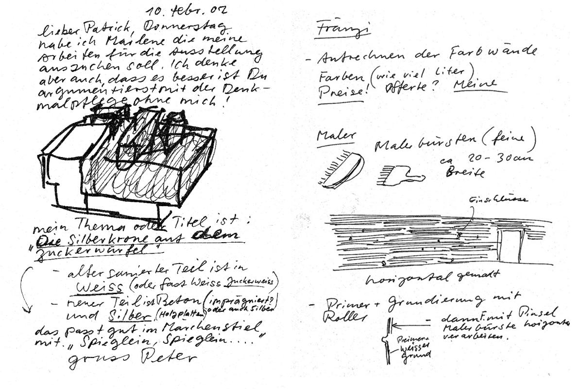 Peter Roesch Skizzen Schrift Schulhaus Scherr Zuckerwuerfel Silberkrone Malerbuersten Pinselstrich