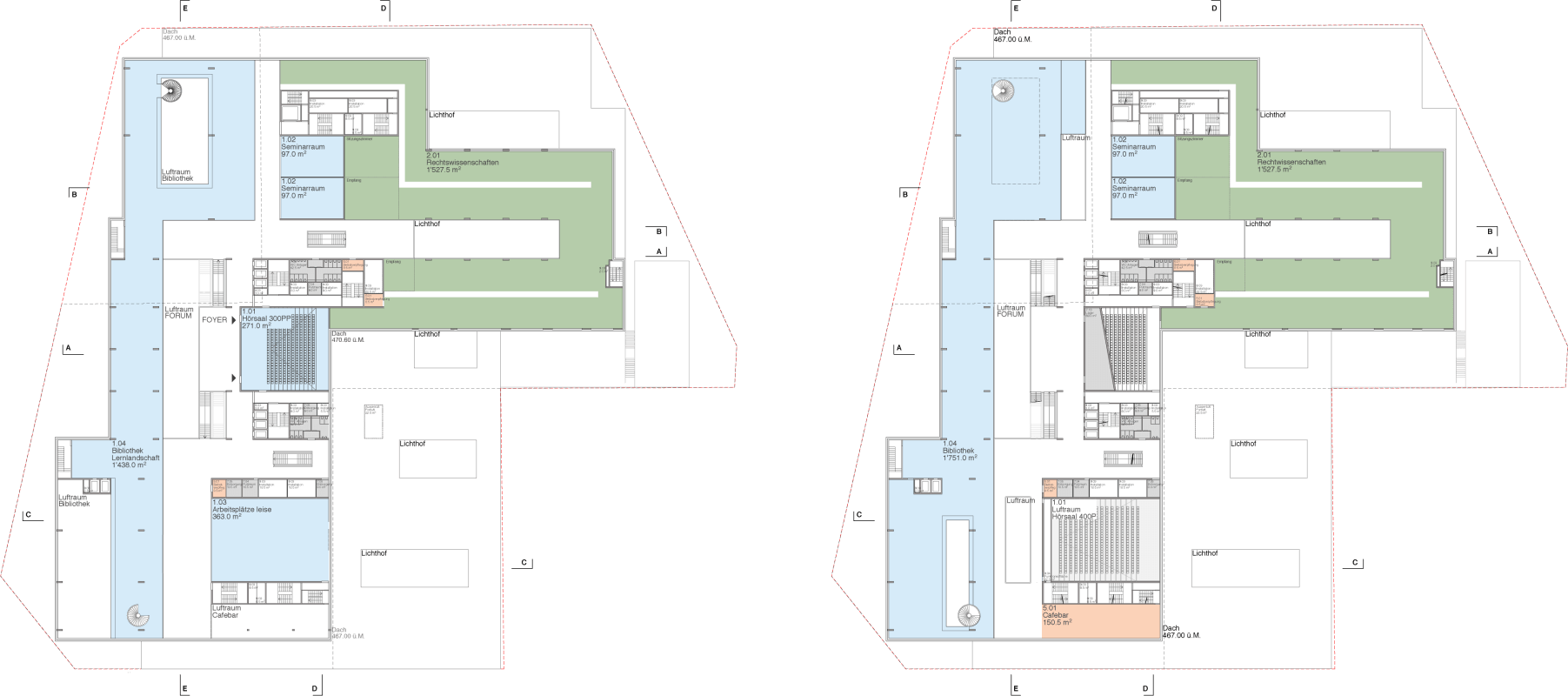 Forum Uni ZH. Upper floor plans, 5th and 6th floor, scale 1:500. (6-5OG)