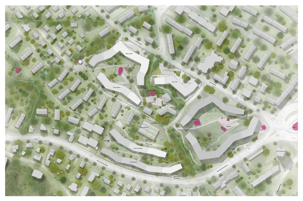 Urban development competition Sun garden (Sonnengarten), Goldacker, Zurich-Albisrieden, Switzerland, 2019. View on the roof level.