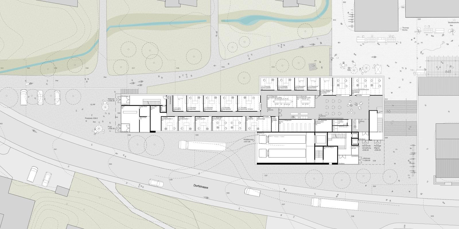 Centre development and municipal administration, Adligenswil (2019). Ground floor plan ground with surroundings.