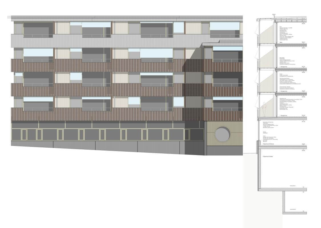 Centre development and municipal administration, Adligenswil (2019). Façade section, scale 1:20.