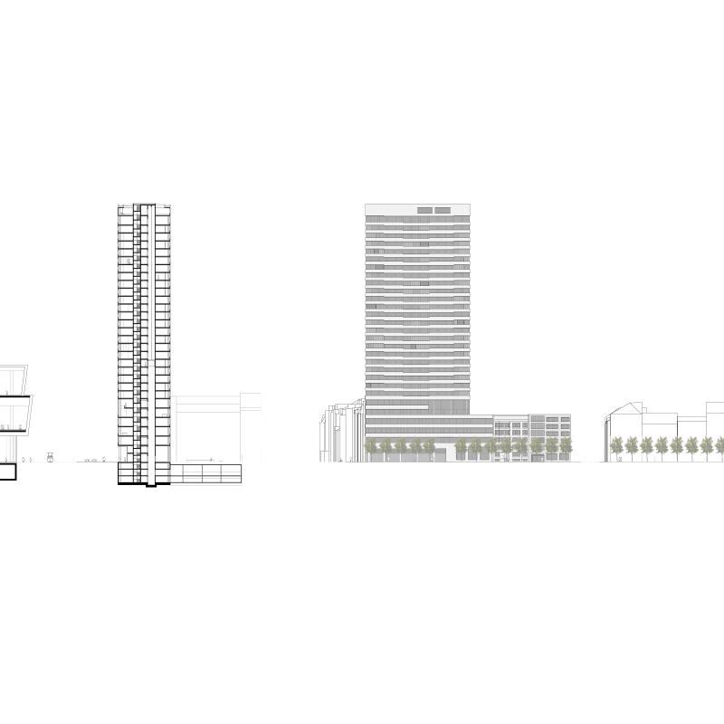 We, the two towers (Wir zwei Türme). Competition Warteck area, Basel, Switzerland, 2012. – Section and elevation.