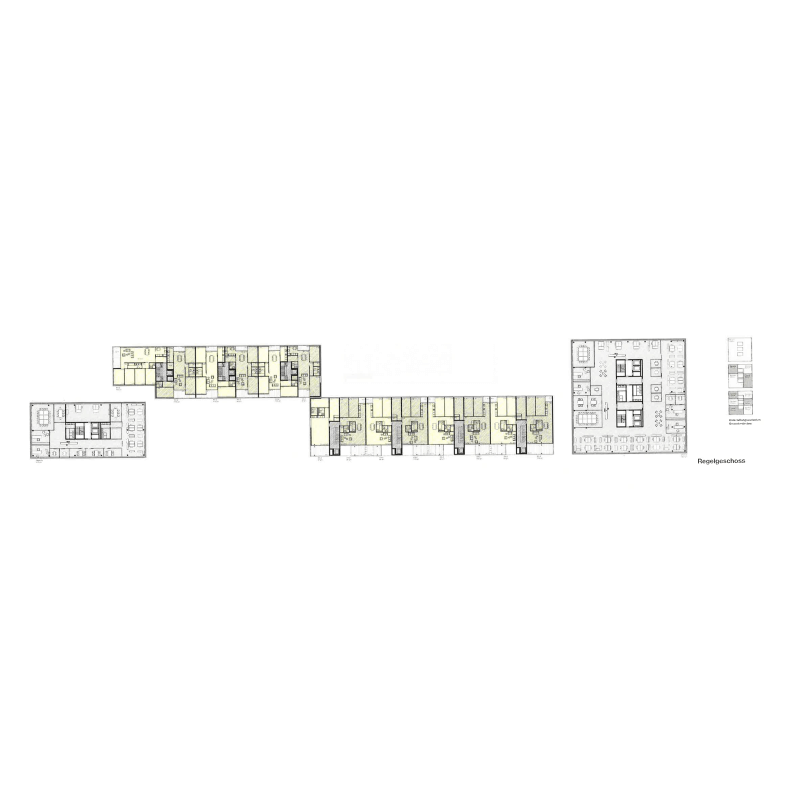 True country. Competition development „Suurstoffi“, Rotkreuz, Switzerland, 2009. – The  longhouses and their floorplans. 