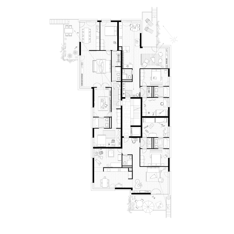 3 apartments. Tres amigos. Competition „Sandfelsen“, Erlenbach, Switzerland, 2009. – Furnished apartment floor plan. 