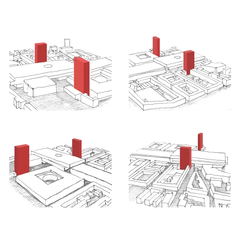 We, the two towers (Wir zwei Türme). Competition Warteck area, Basel, Switzerland, 2012. – Volumetric sketches.