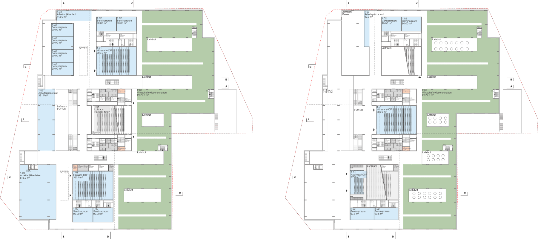 Forum Uni ZH. Upper floor plans, 1st and 2nd floor, scale 1:500. (2-1OG)
