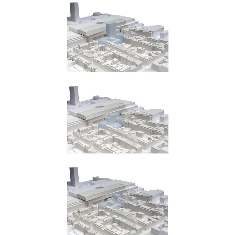 We, the two towers (Wir zwei Türme). Competition Warteck area, Basel, Switzerland, 2012. – Urban context, models.
