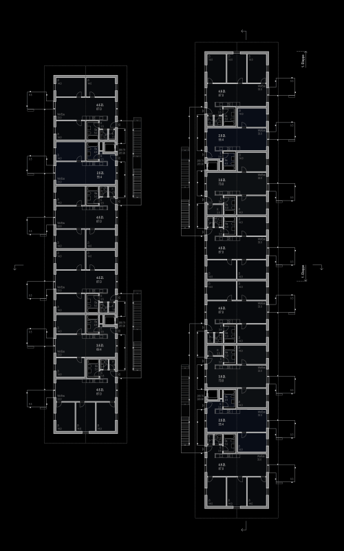 2nd prize, competition "Kapla", Hirtenweg, Riehen, 2018 – 1st and 2nd floor plans, scale 1:200.