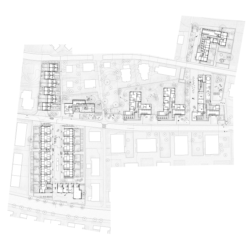 3d prize Waidmatt's home (Waidmatts Heim). Competition for housing estate, Zurich-Affoltern. Ground floor plan.