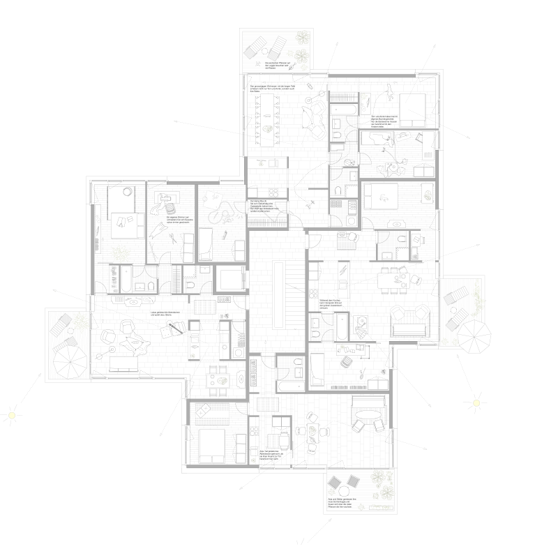 3d prize. The Swissmakers (Die Schweizermacher). Competition residential development, plots 13-15, Berne-Brünnen, Switzerland, 2010. – Furnished apartment floor plans of a building. 