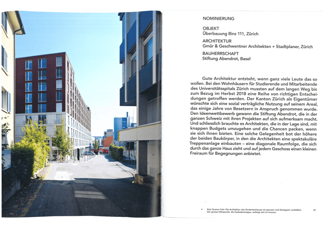 Binz111 nominated for Architecture Award Canton of Zurich 2019. Text "Not an ounce of fat".