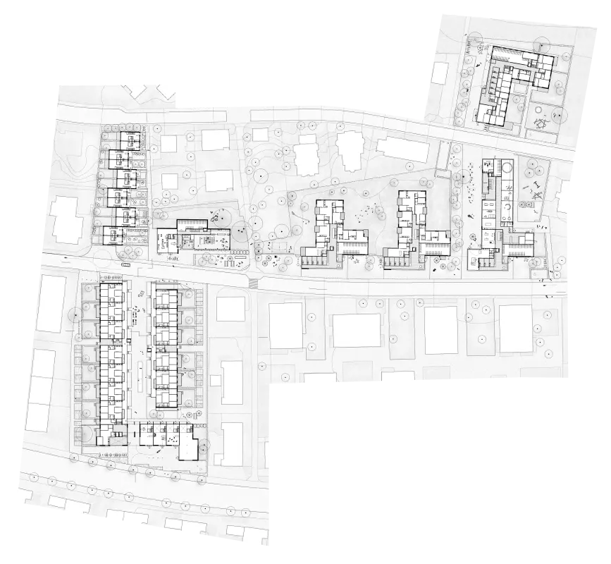 3d prize Waidmatt's home (Waidmatts Heim). Competition for housing estate, Zurich-Affoltern. Ground floor plan.
