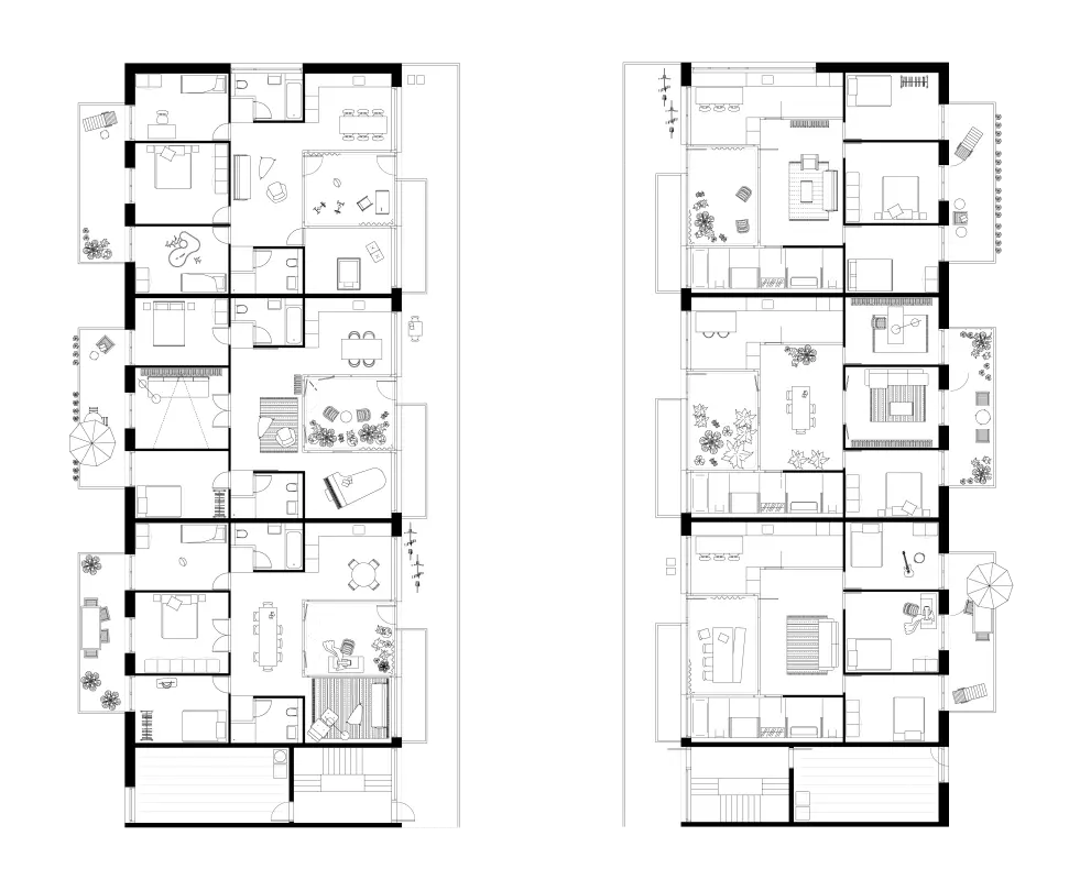 3d prize Waidmatt's home (Waidmatts Heim). Competition for housing estate, Zurich-Affoltern. Apartment floor plans.