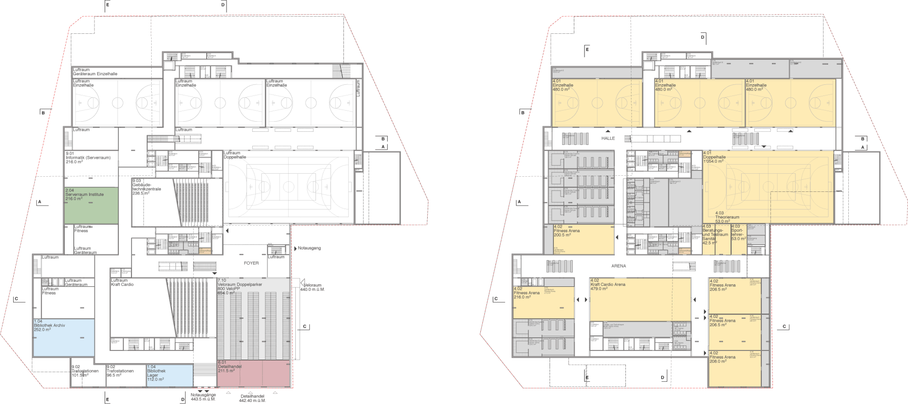 Forum Uni ZH. Floor plans, mezzanine level and basement level, scale 1:500. (ZG-UG)