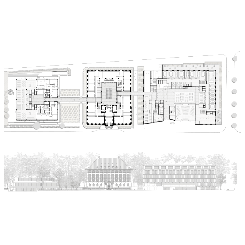 Competition "Swis Re Next", Zürich (2008). – Site plan, ground floor plans and elevations of ensemble. Our proposal: to the right..