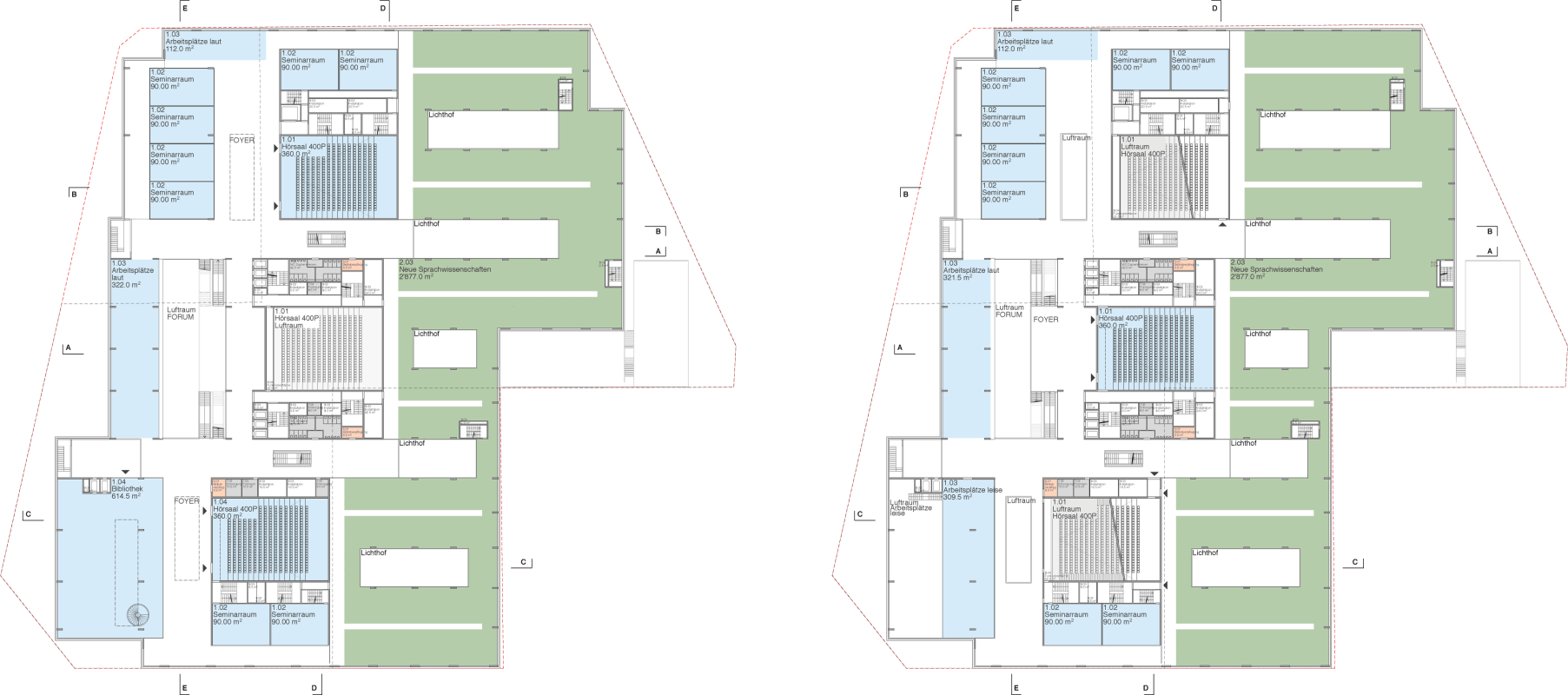 Forum Uni ZH. Upper floor plans, 3d and 4th floor, scale 1:500. (4-3OG)