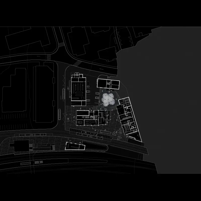 Top dog (Platzhirsch). Study contract railway station Glattbrugg, Opfikon, Switzerland, 2015). Ground floor plan, level railway station square (Bahnhofplatz).