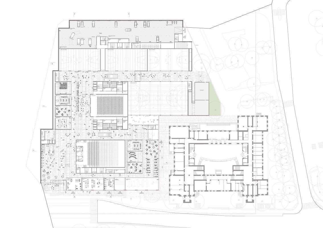 Competition Forum Uni Zurich, Grund floor plan, Rämistrasse level.