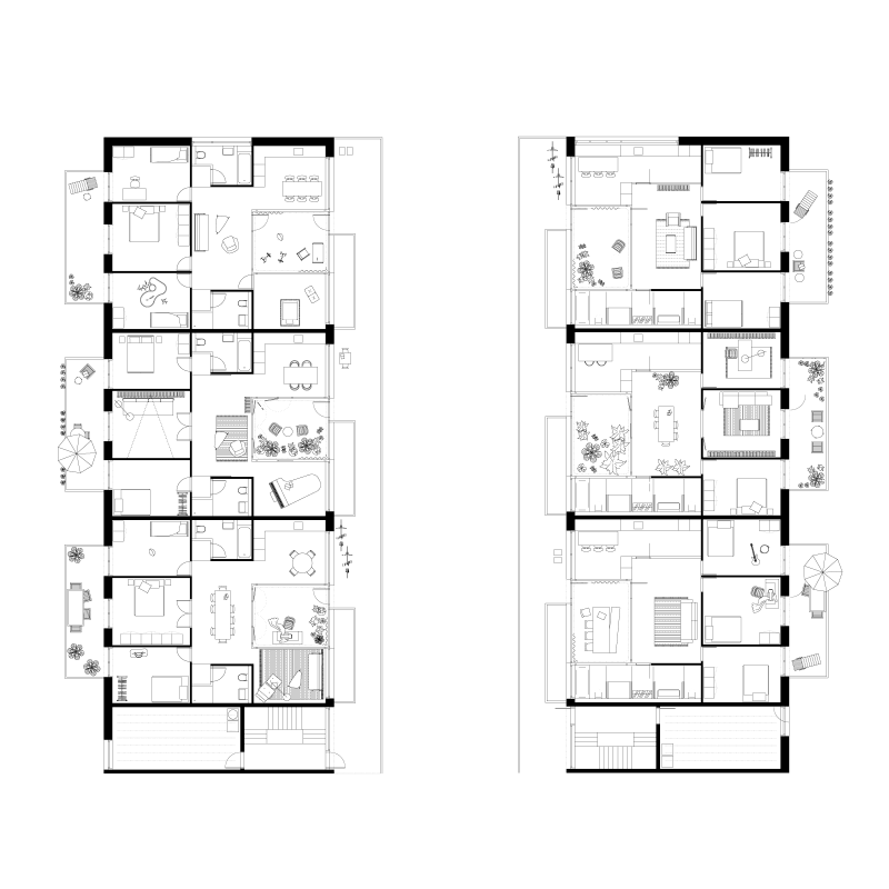 3d prize Waidmatt's home (Waidmatts Heim). Competition for housing estate, Zurich-Affoltern. Apartment floor plans.