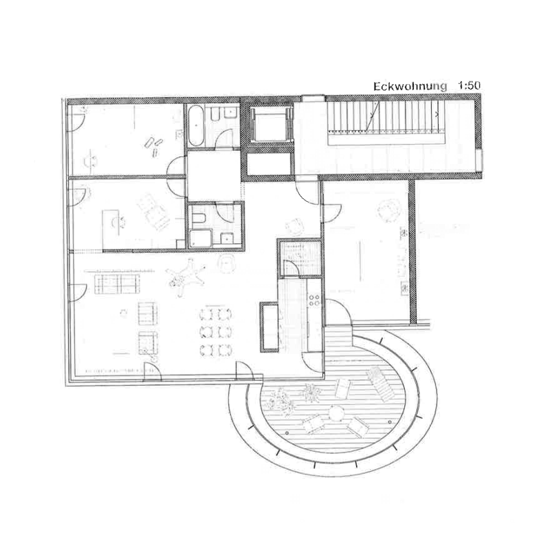 True Country. Competition development "Suurstoffi", Rotkreuz, 2009. – Furnished apartment floor plan. Balcony-house.